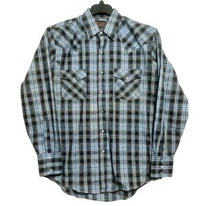 Plains Western Wear Mens Blue Black Plaid Pearl Snap Shirt Medium Long Sleeve